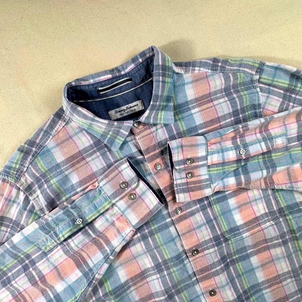 Tommy Bahama Coastline Cord Mens XL Plaid Pastel Pink Blue Cotton Button Up